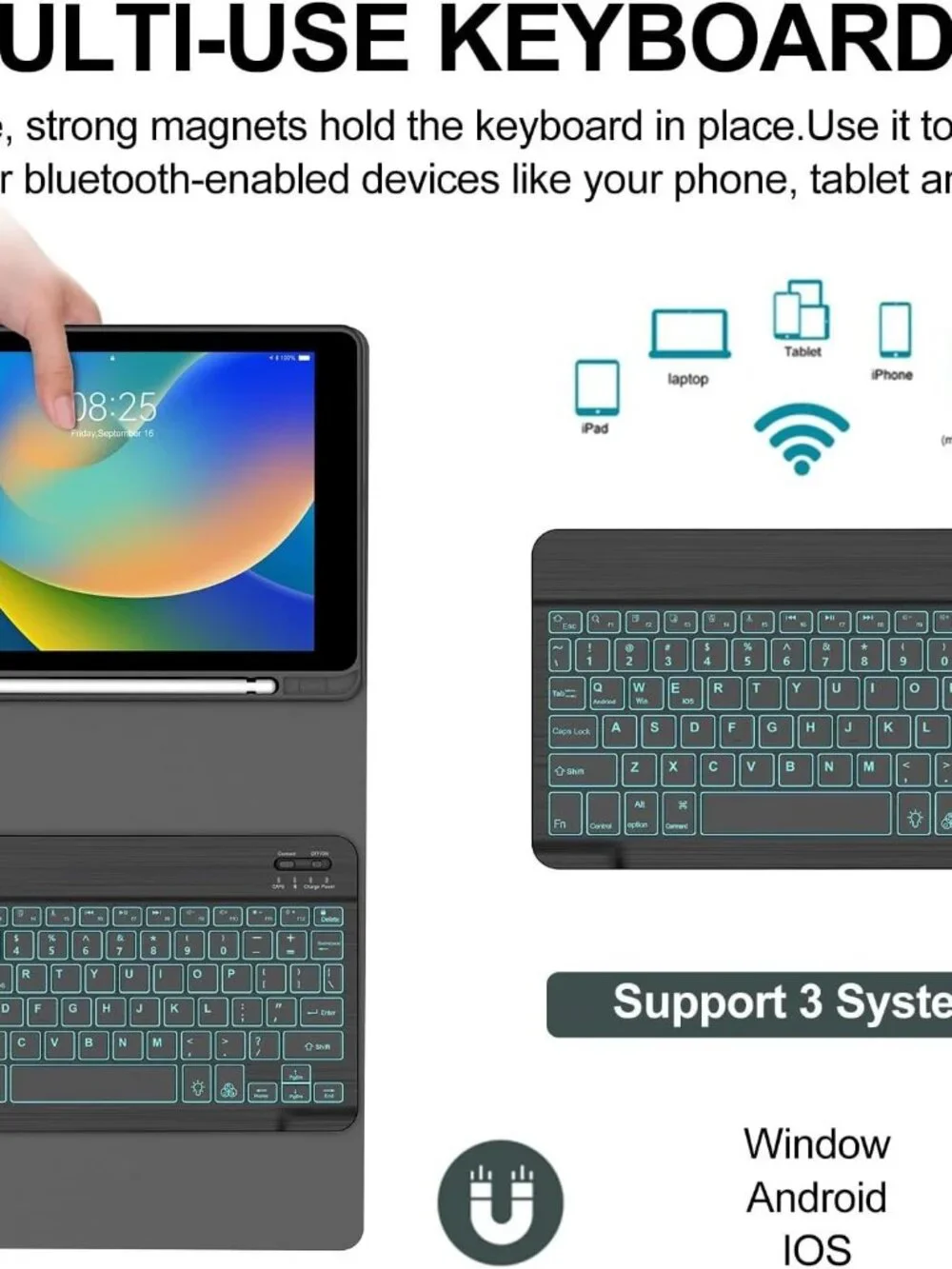 iPad 10.2 inch Case with Keyboard, Detachable Bluetooth Keyboard with 7 Color Ba